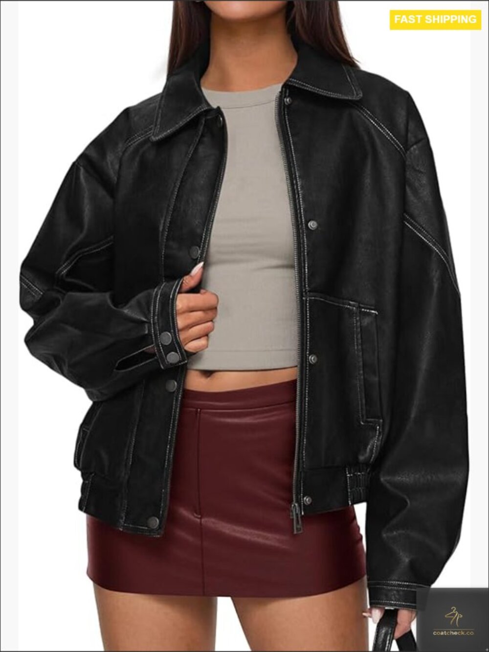 Oversized Faux Leather Bomber Jacket Retro Motorcycle Zip Up Winter Coat